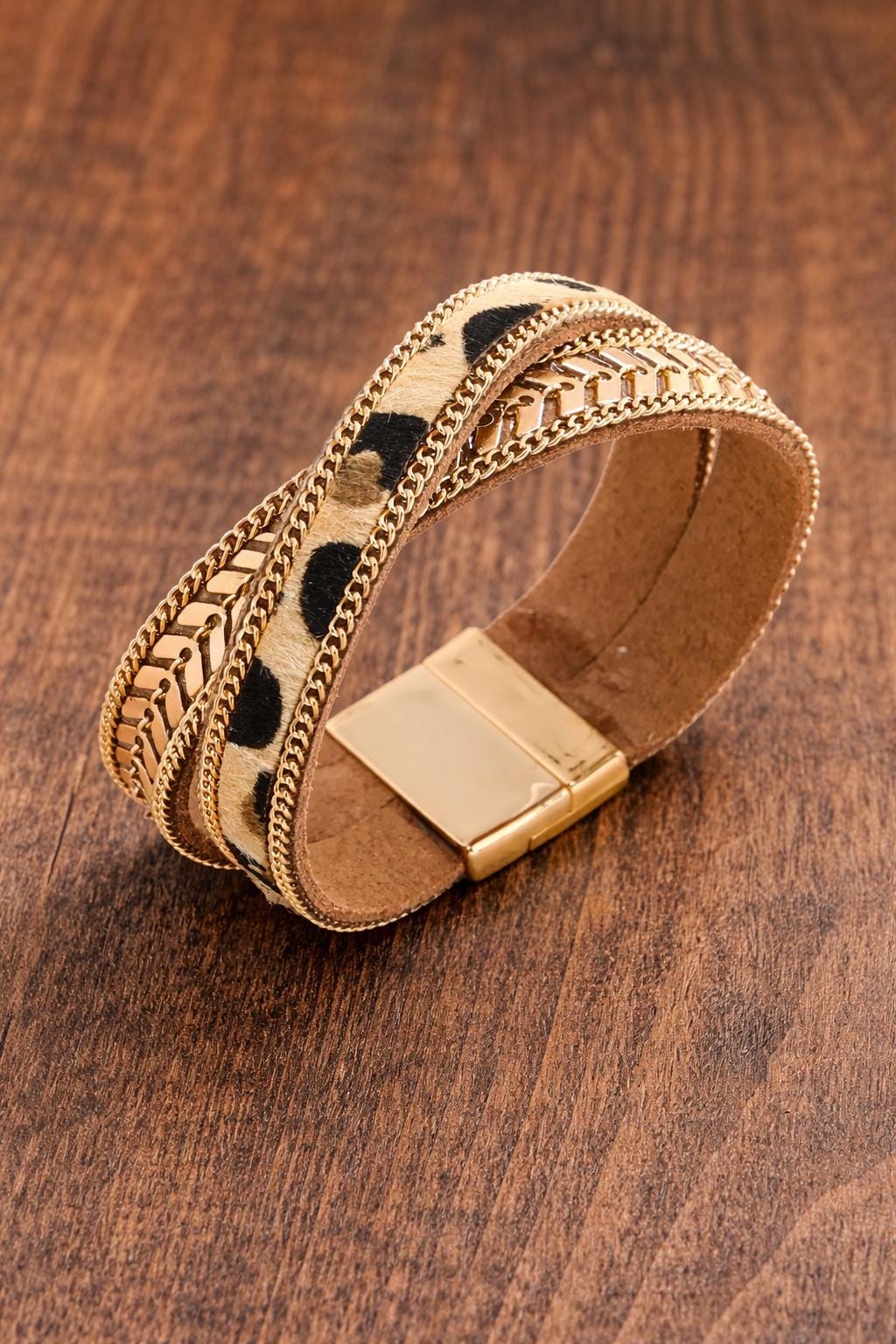 Layered Leopard Print Chain Bracelet – Gold Tone Boho Chic Jewelry