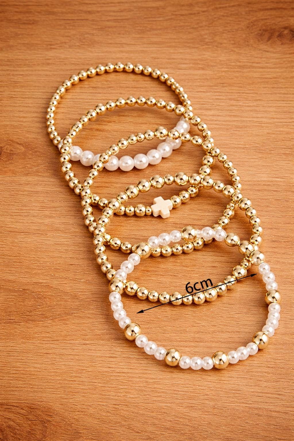 Boho Gold Faux Pearl Beaded Bracelet Set, Cross Charm Stackable Jewelry