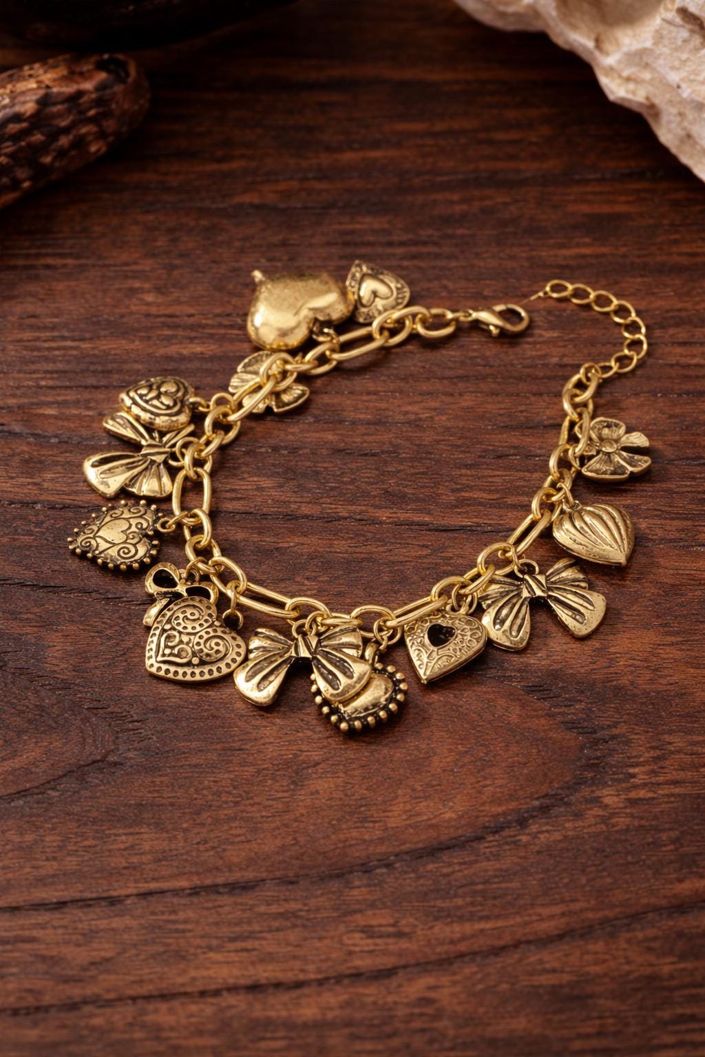 Retro Bow Heart Charm Bracelet, Vintage Multi Charms Locket Jewelry