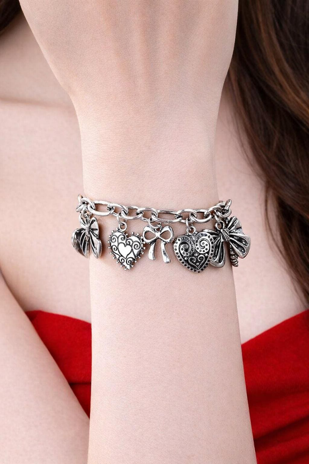 Retro Bow Heart Charm Bracelet, Vintage Multi Charms Locket Jewelry