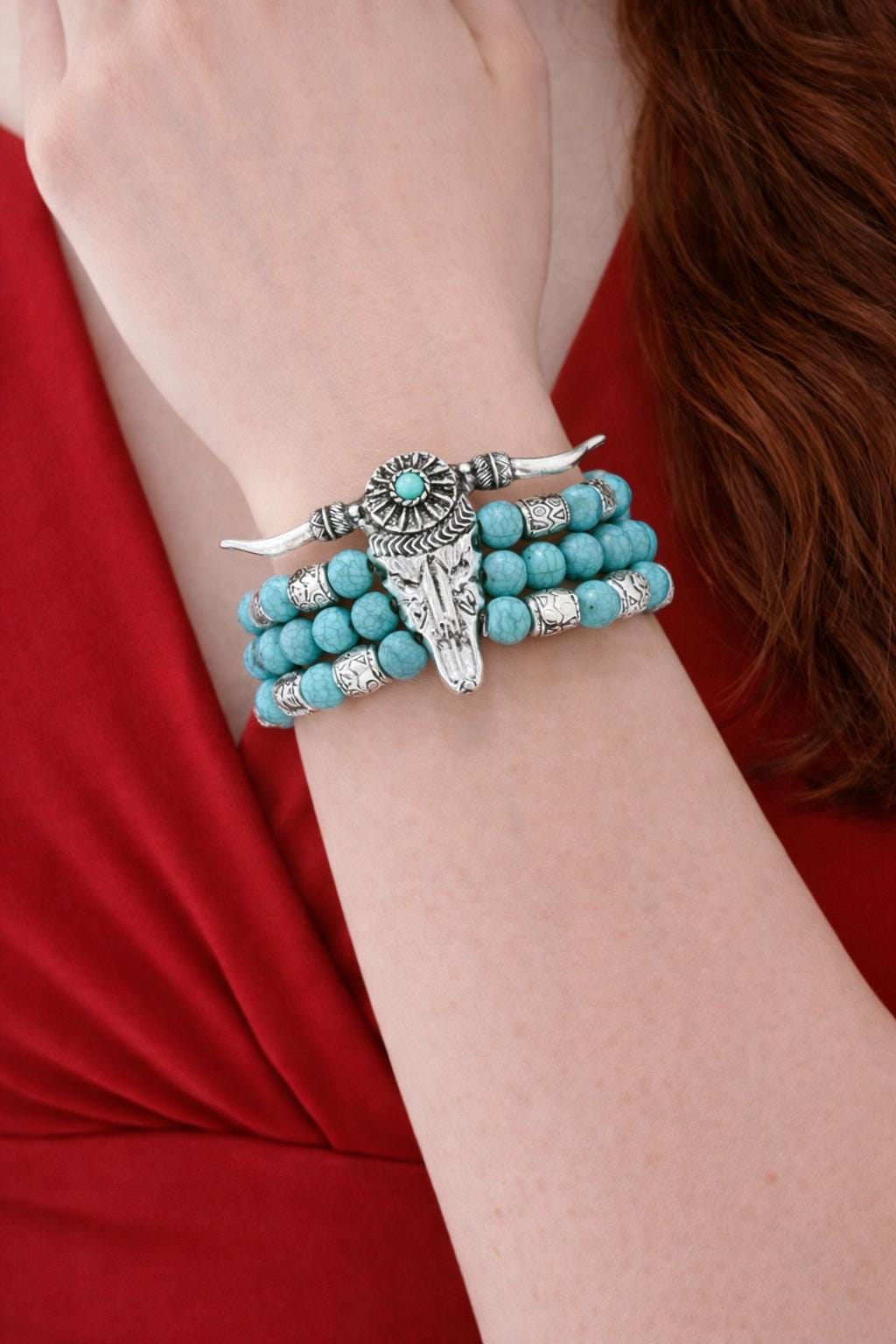 Western Bull Head Turquoise Cuff Bracelet, Feather Charm Bangle, Boho Style Jewelry