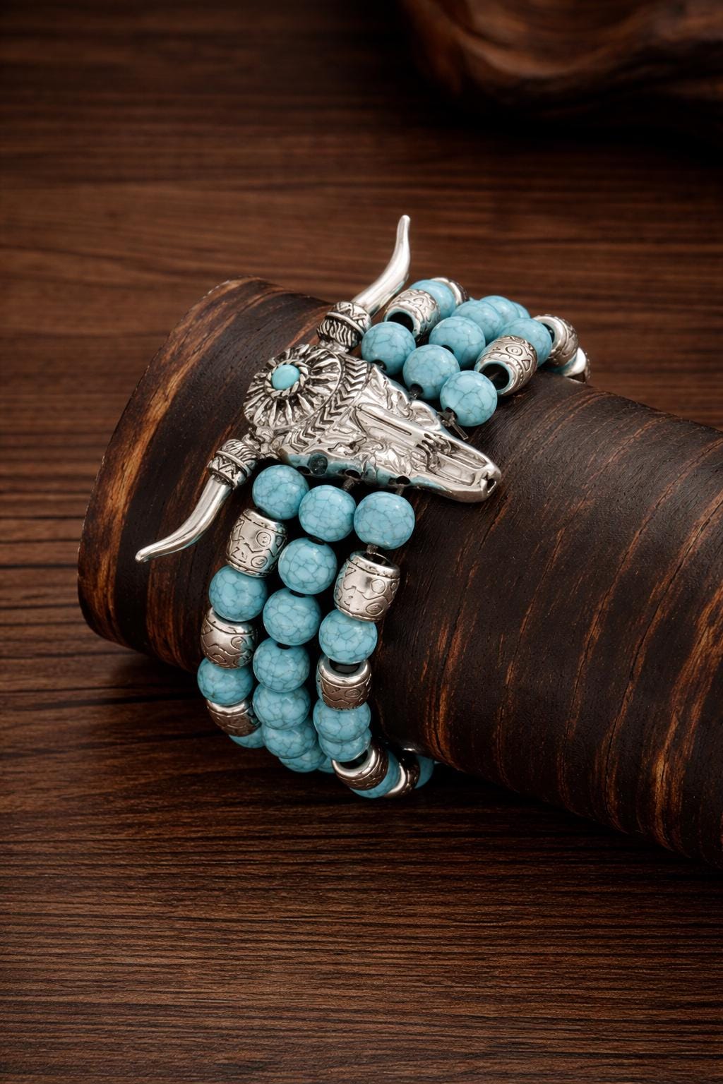Western Bull Head Turquoise Cuff Bracelet, Feather Charm Bangle, Boho Style Jewelry