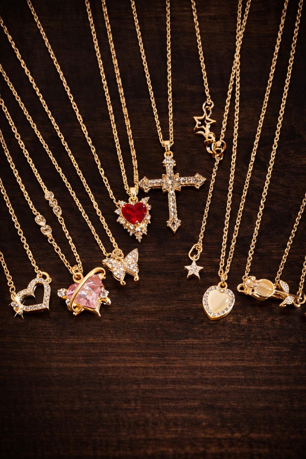 8-Piece Y2K Layered Necklace Set – Crystal Heart, Cross, Butterfly, Star Pendants