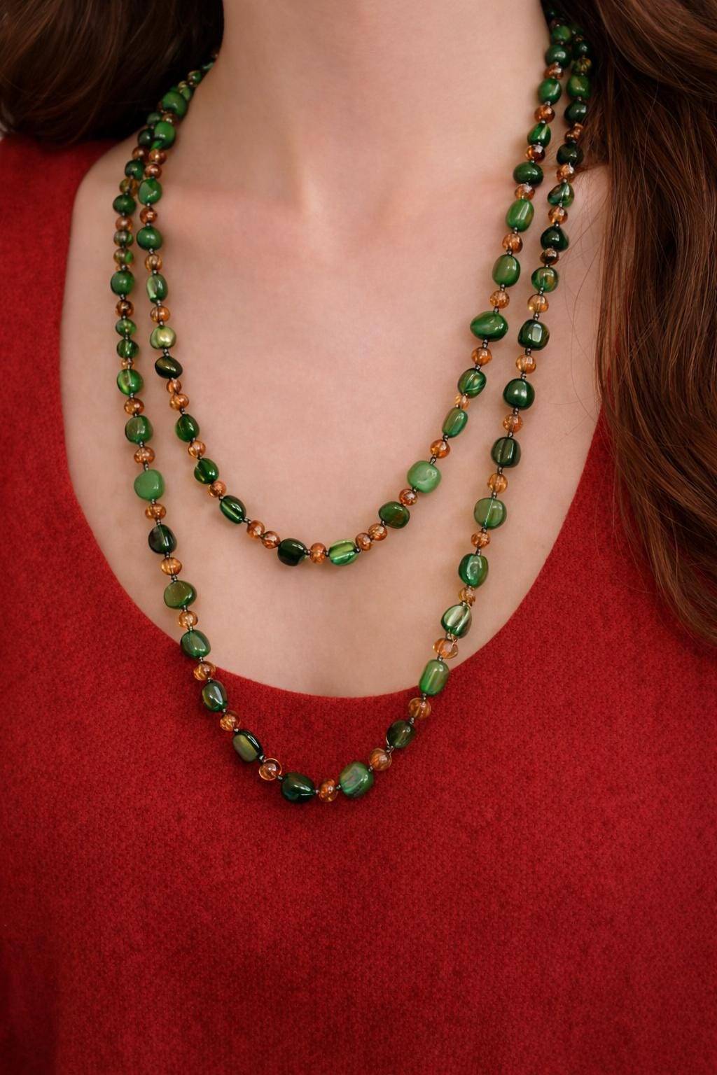 Vintage Boho Shell Beaded Double Layer Necklace, Colorful Pearl Gemstone Long Necklace