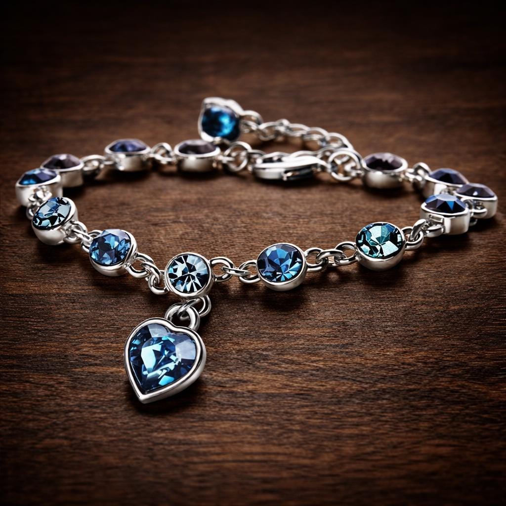Blue Crystal Heart Charm Bracelet, Silver-Plated Chain, Sparkling Cubic Zirconia Jewelry