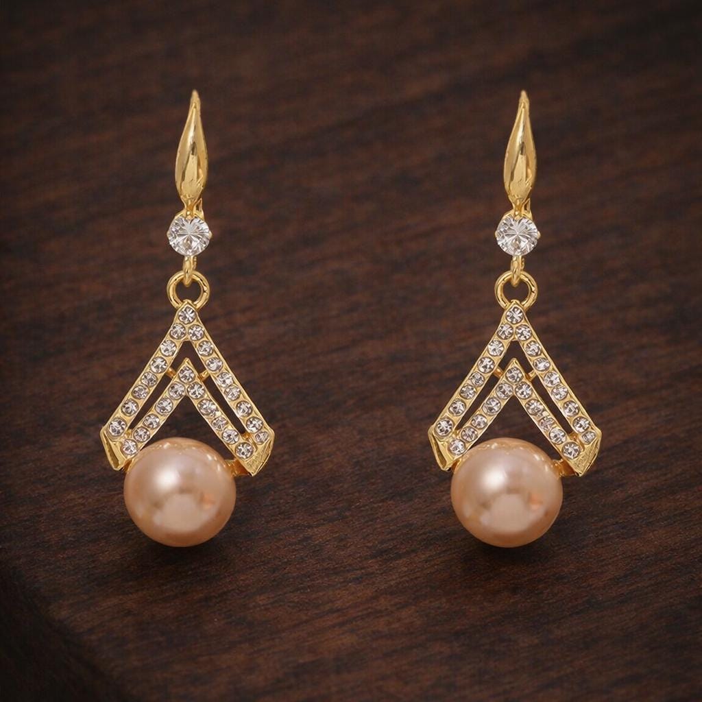 Champagne Pearl Drop Earrings, Elegant Gold Dangle, Cubic Zirconia, Wedding Jewelry