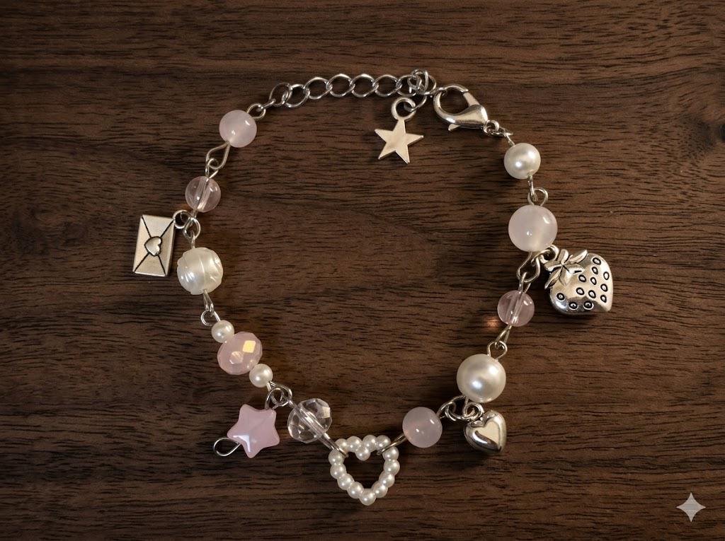 Natural Pearl Charm Bracelet, Pink Star, Heart, Strawberry, Envelope Pendant