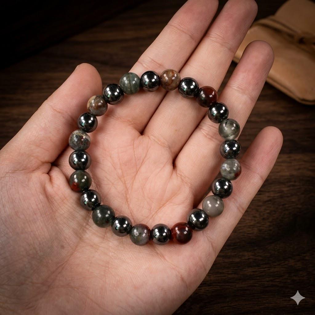 Natural African Bloodstone & Red Pine Bead Bracelet – Anxiety Stress Relief, Unisex Daily Wear
