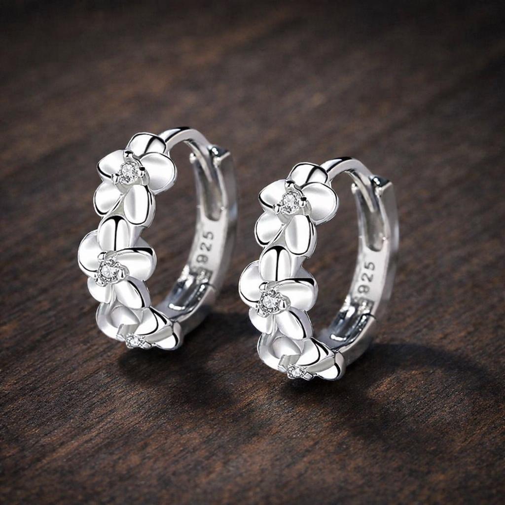 Sterling Silver Rose Flower Hoop Earrings with AAA Zirconia