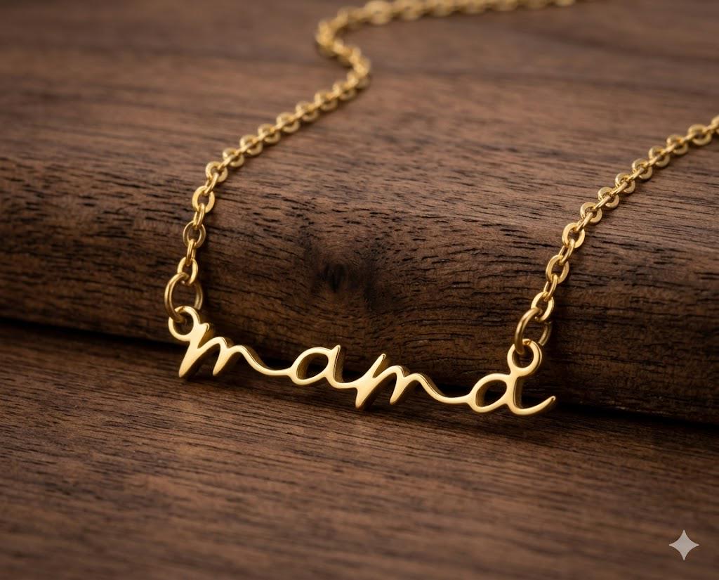 Vintage Mama Necklace – Stainless Steel Script Pendant, Long Chain Jewelry