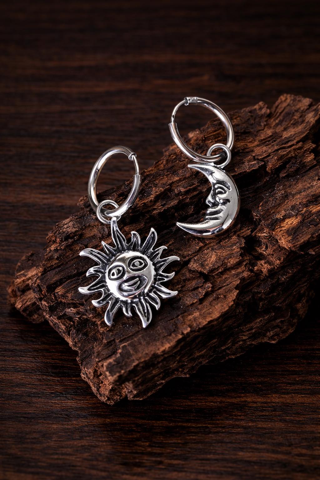Boho Sun Moon Face Dangle Hoop Earrings, Vintage Celestial Statement Jewelry