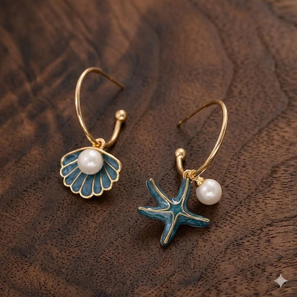 Boho Starfish Shell Hoop Earrings, Ocean Pearl Dangle Jewelry