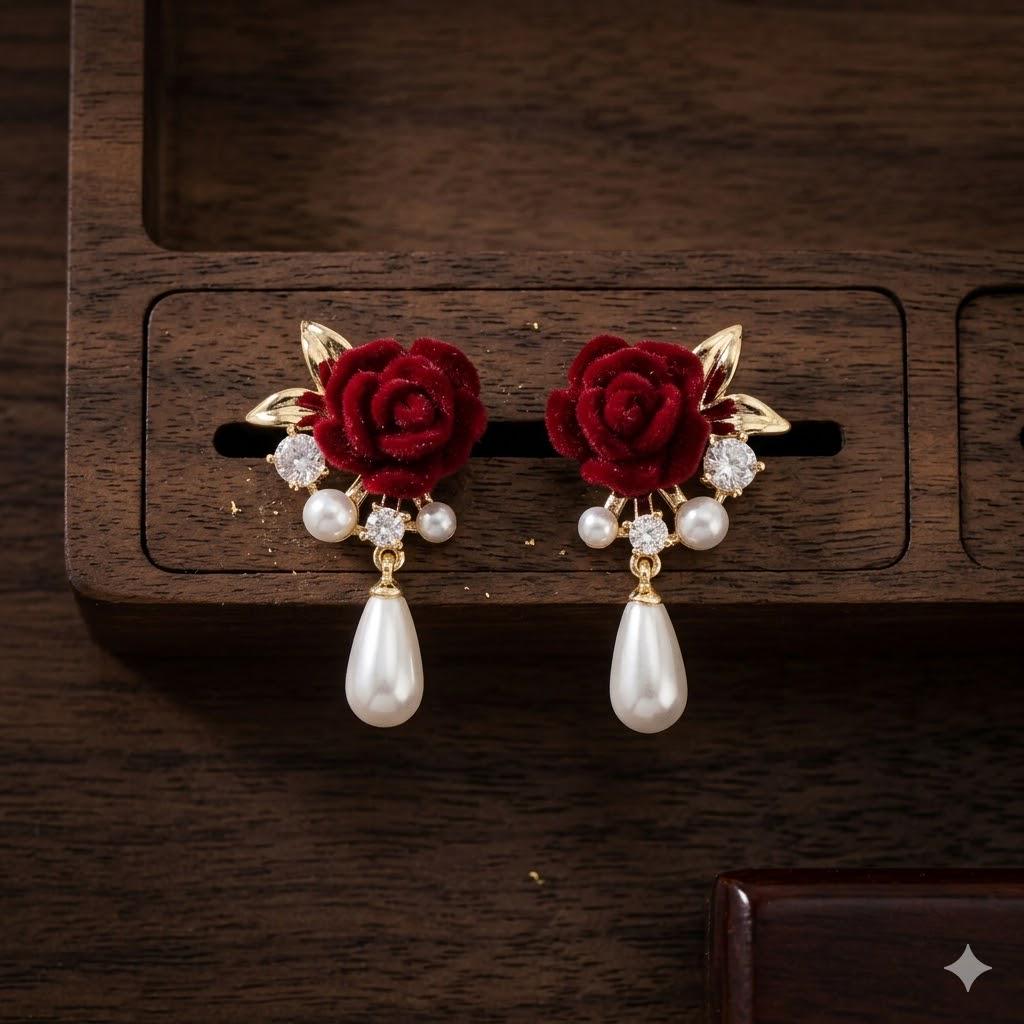 Wine Red Rose Pearl Drop Earrings, Vintage Gold Floral Dangle, Wedding Party Jewelry