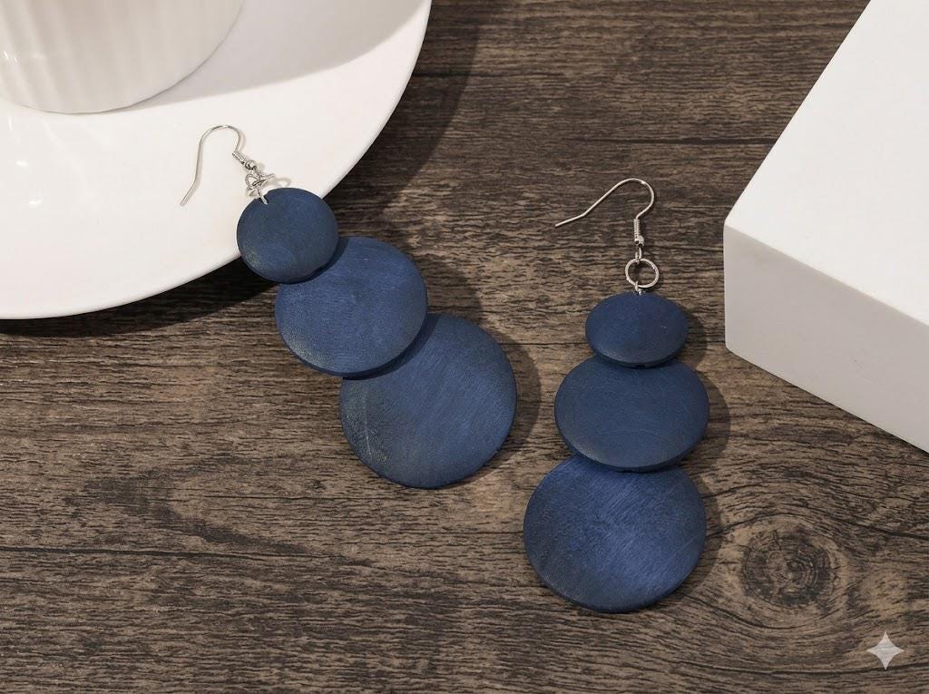 Bohemian Wooden Tassel Earrings, 3 Layer Gradient Round Pendant, Long Statement Geometric Jewelry