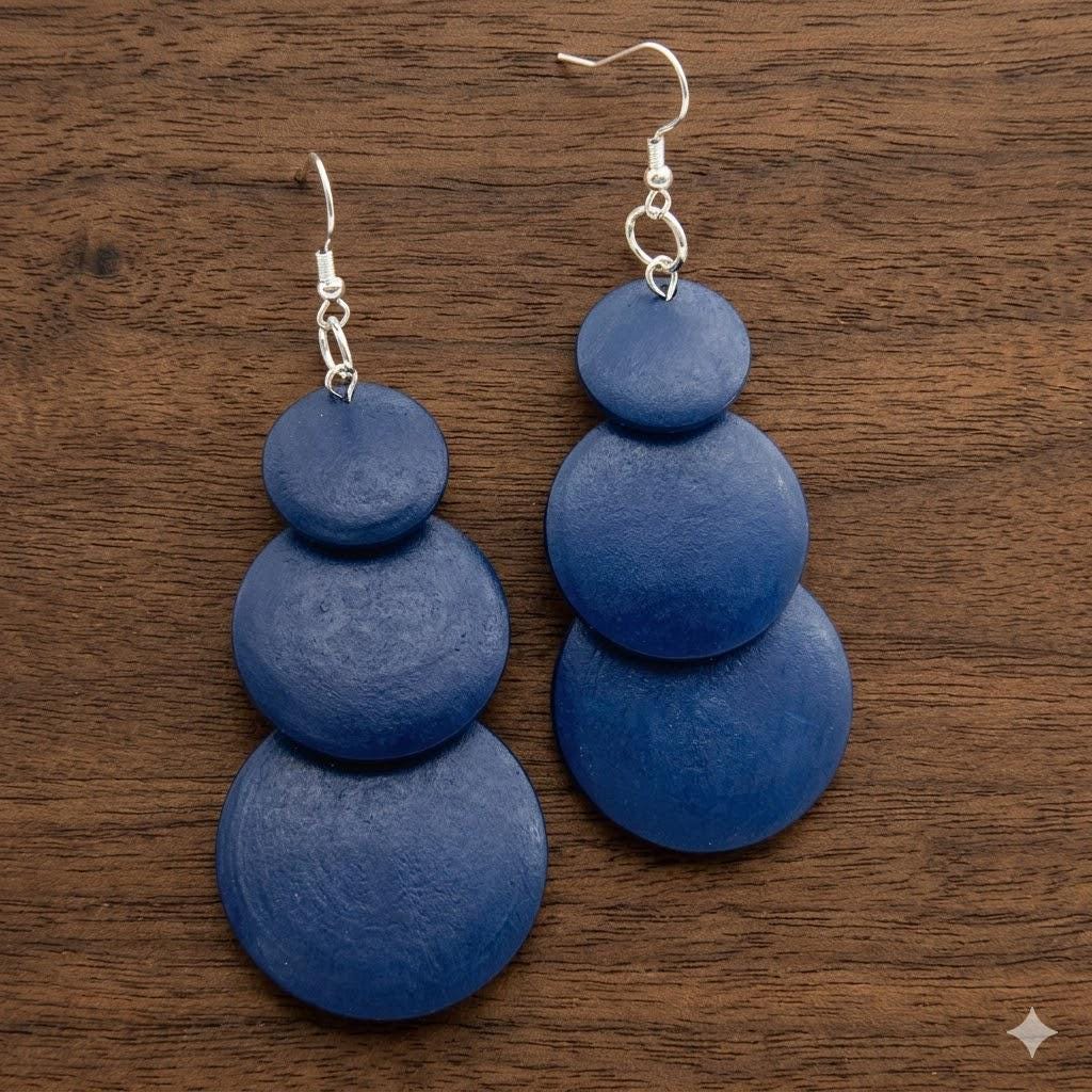Bohemian Wooden Tassel Earrings, 3 Layer Gradient Round Pendant, Long Statement Geometric Jewelry
