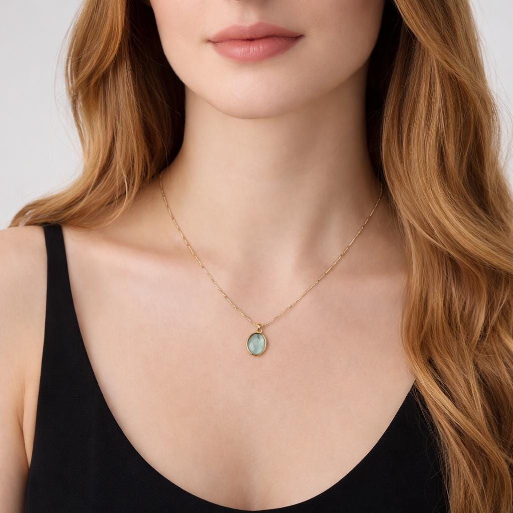 925 Sterling Silver Oval Sea Blue Cat Eye Pendant Necklace, Minimalist Lock Bone Chain