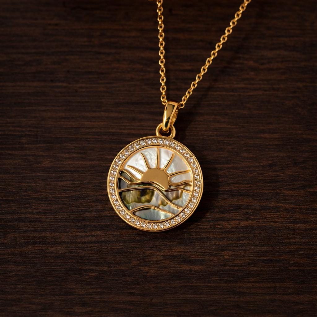 Abalone Shell Sunrise Necklace, Crystal Border Round Pendant, Ocean Inspired Summer Jewelry