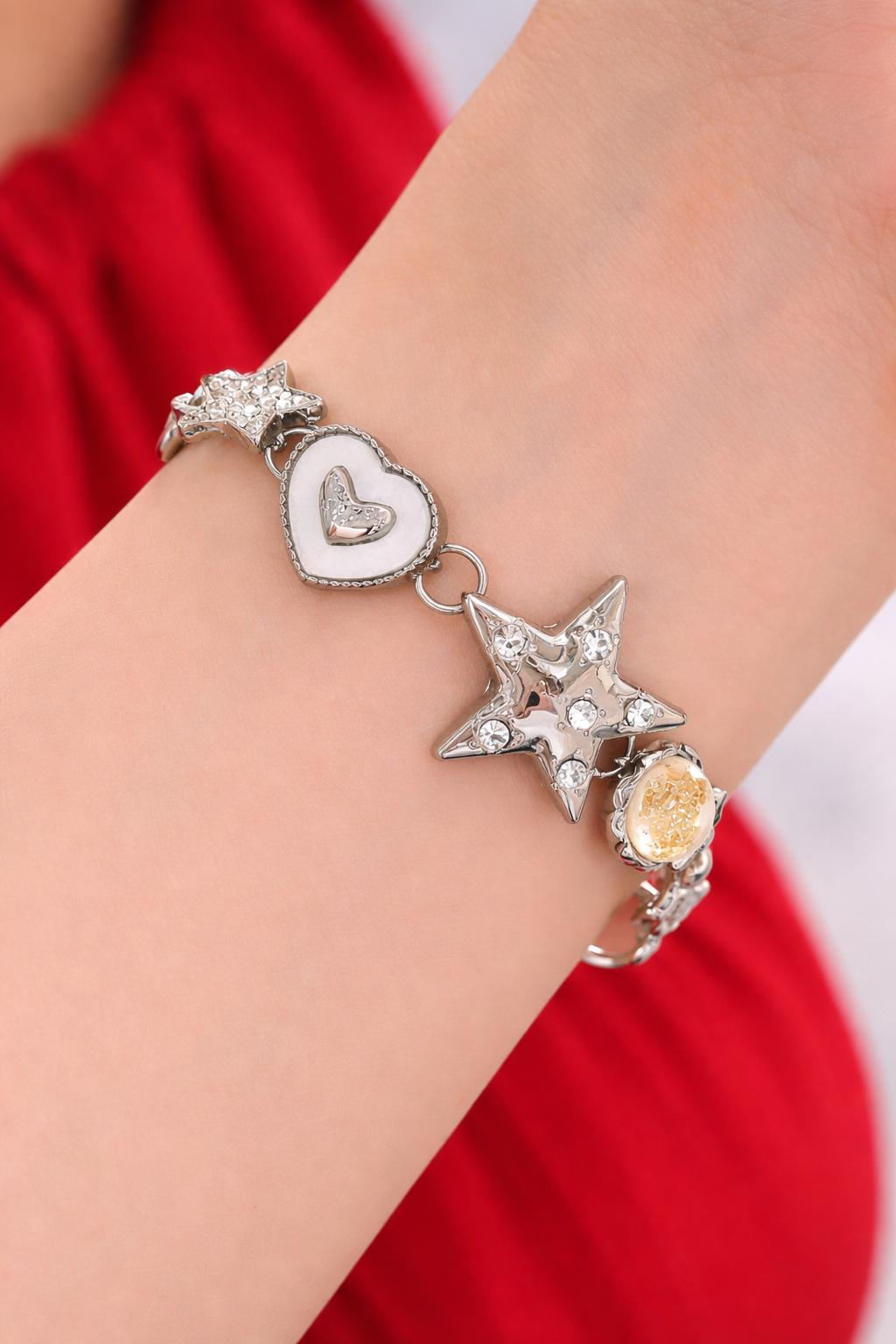 Y2K Asymmetrical Tassel Bracelet – Tiger Eye Heart Star Moon Charm Bracelet for Women