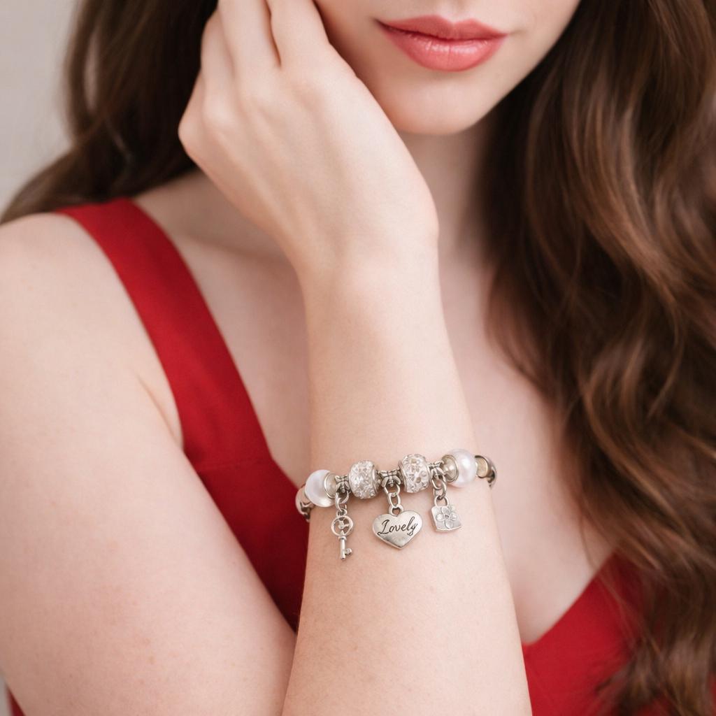 Heart Charm Bracelet, Animal Flower Pendant, Stainless Steel Elegant Jewelry