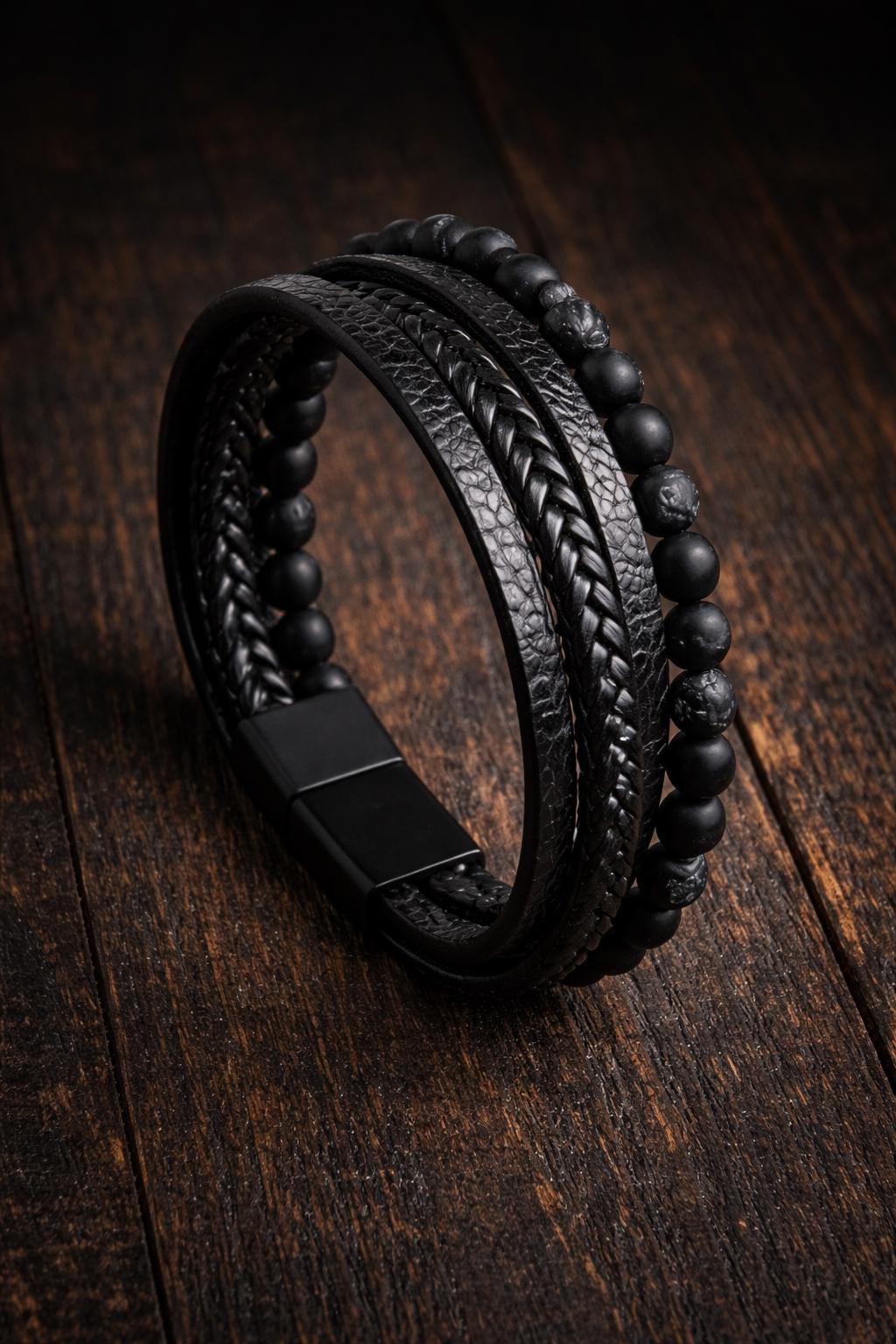 Men's Multi-Layer Leather Beaded Bracelet, Masculine Wrap Wristband Jewelry