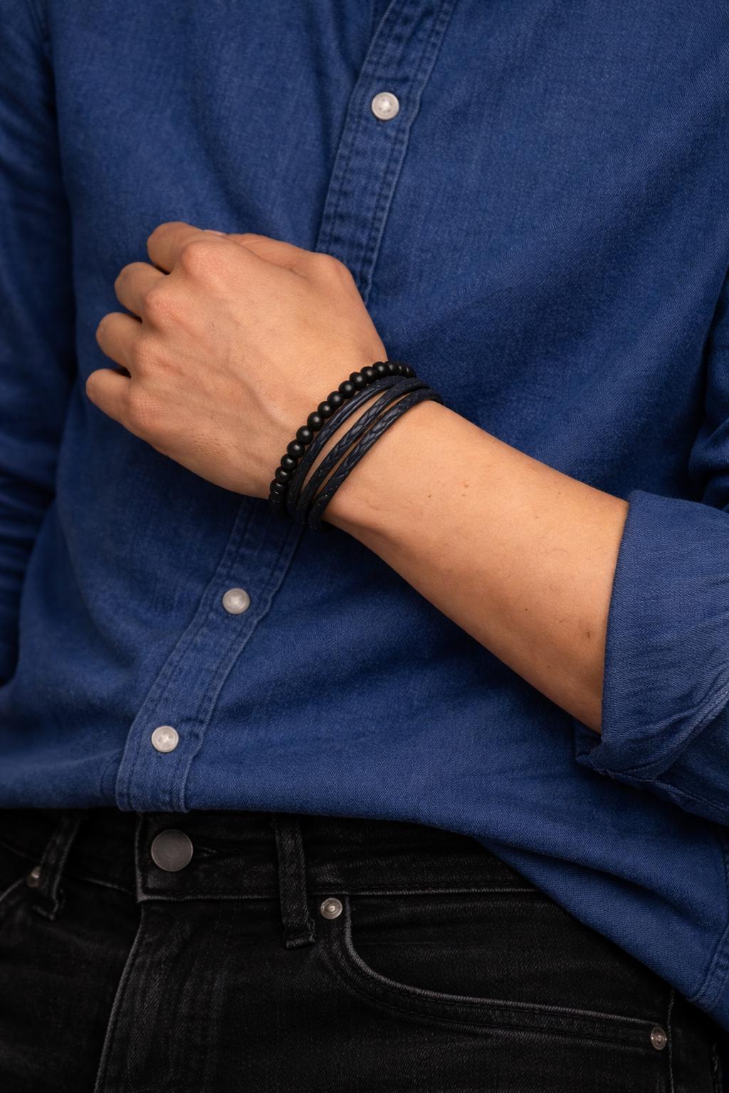 Men's Multi-Layer Leather Beaded Bracelet, Masculine Wrap Wristband Jewelry