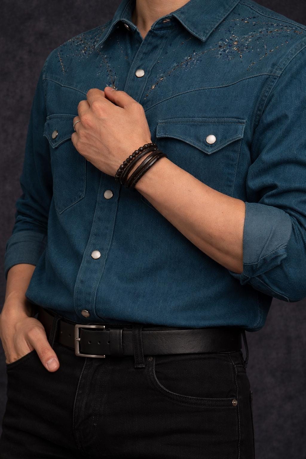 Men's Multi-Layer Leather Beaded Bracelet, Masculine Wrap Wristband Jewelry