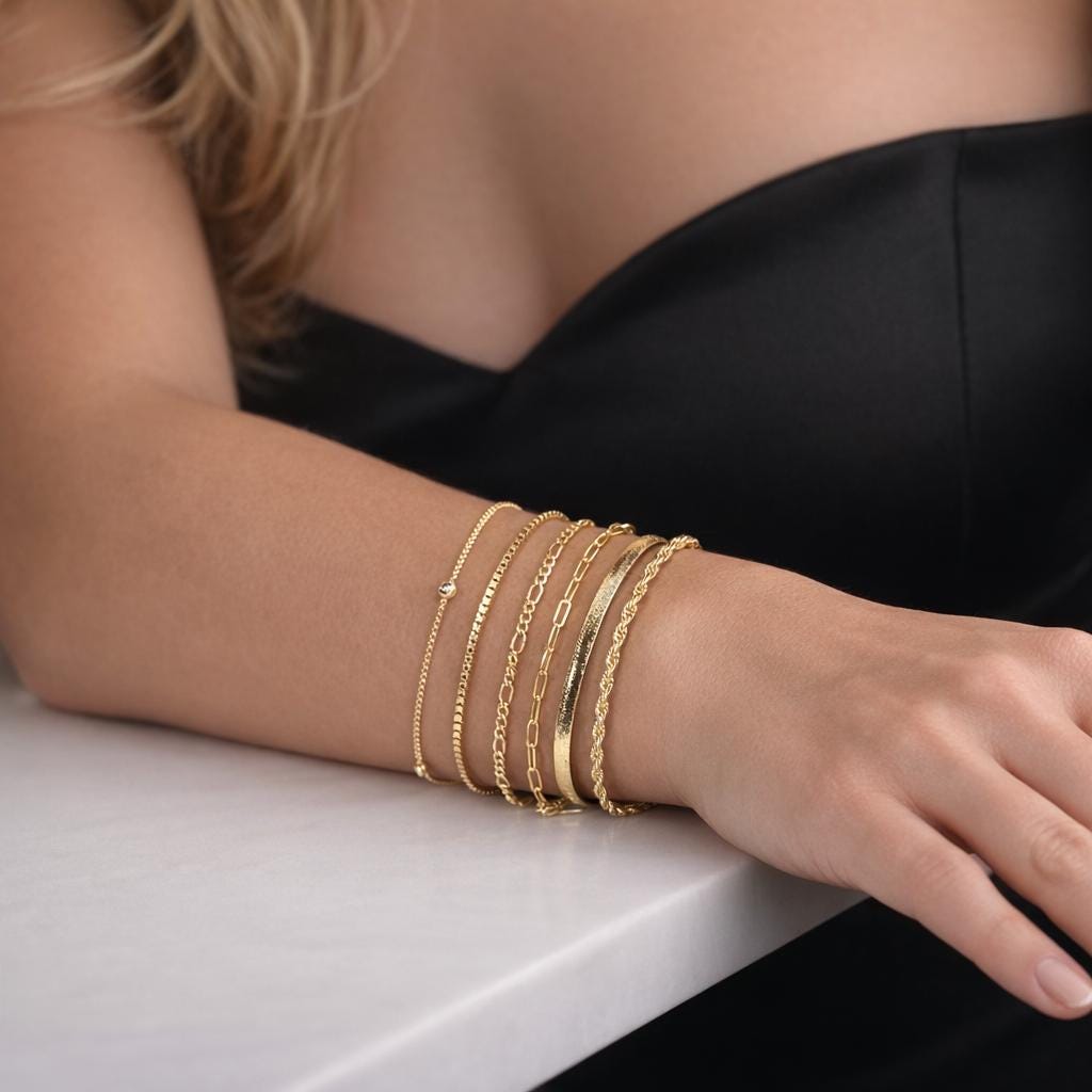 Stackable Stainless Steel Bracelet Set, Retro Boho Layered Chains, Minimalist Jewelry