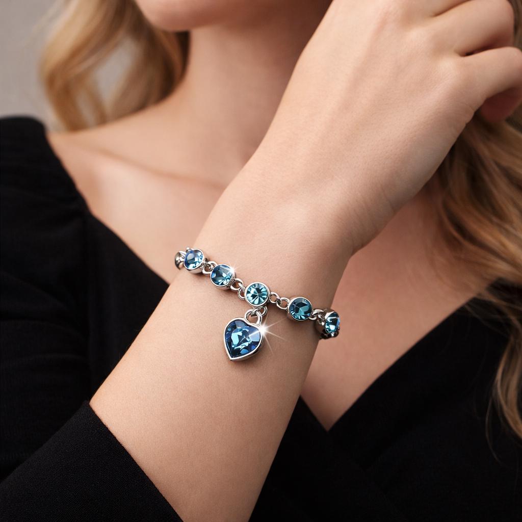 Blue Crystal Heart Charm Bracelet, Silver-Plated Chain, Sparkling Cubic Zirconia Jewelry