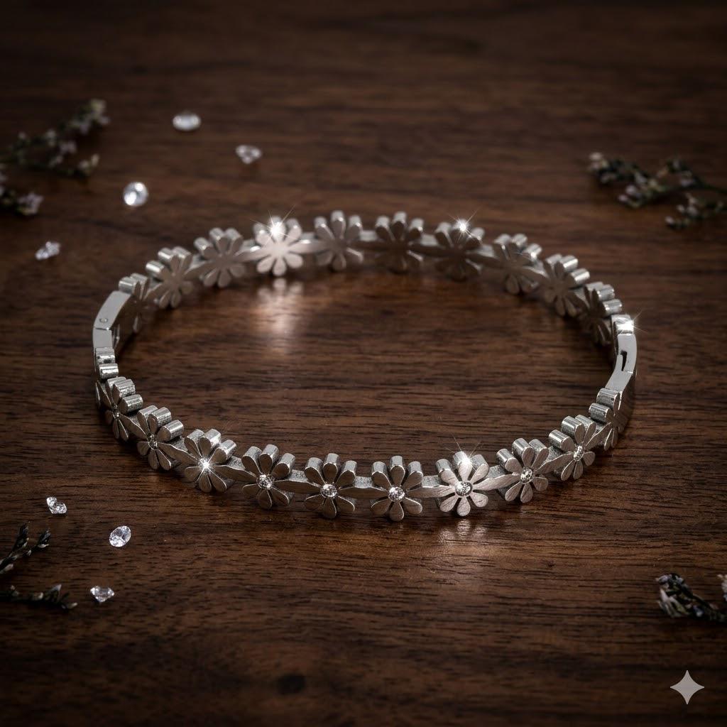 Stainless Steel Daisy Zirconia Bangle, Classic Floral Bracelet, Spring Jewelry Accessory