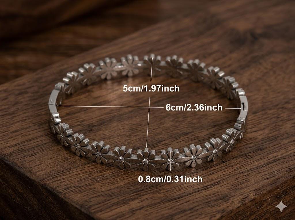 Stainless Steel Daisy Zirconia Bangle, Classic Floral Bracelet, Spring Jewelry Accessory