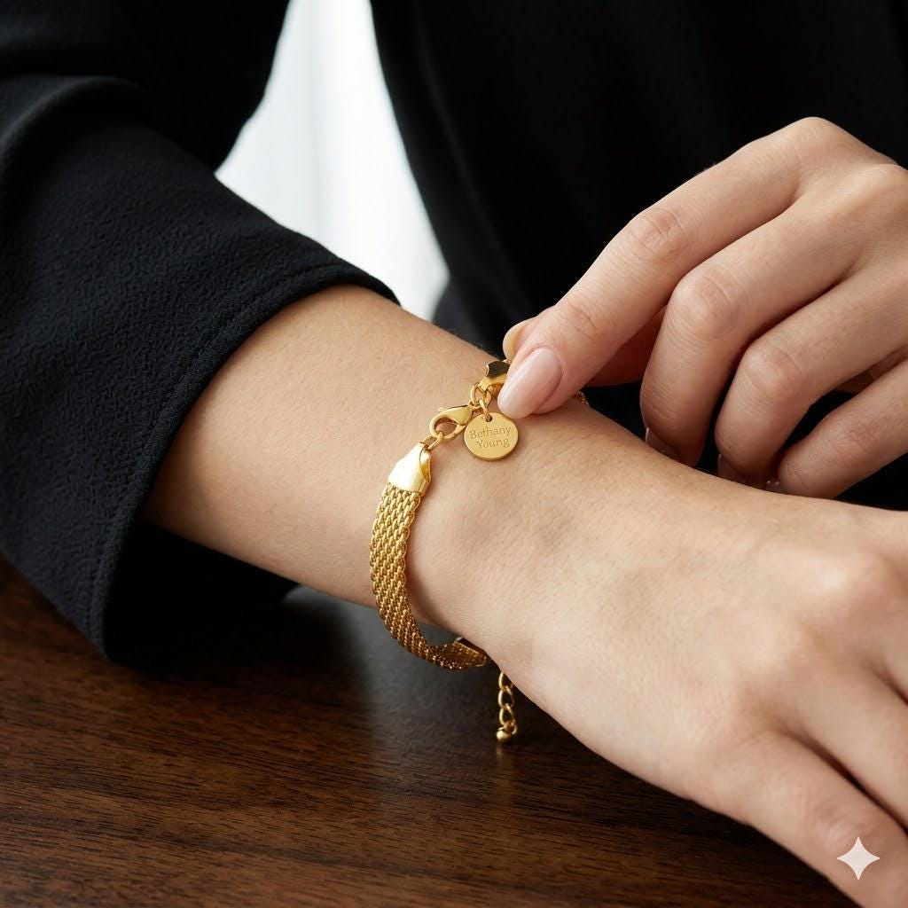 Gold Plated Sterling Silver 10mm Weave Chain Tassel Bracelet, Unisex Jewelry