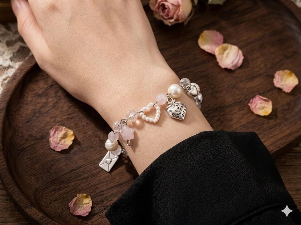 Natural Pearl Charm Bracelet, Pink Star, Heart, Strawberry, Envelope Pendant