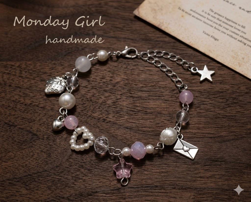 Natural Pearl Charm Bracelet, Pink Star, Heart, Strawberry, Envelope Pendant
