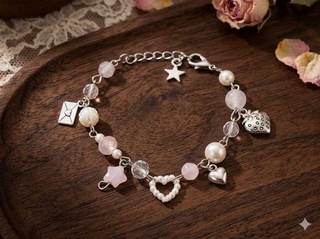 Natural Pearl Charm Bracelet, Pink Star, Heart, Strawberry, Envelope Pendant