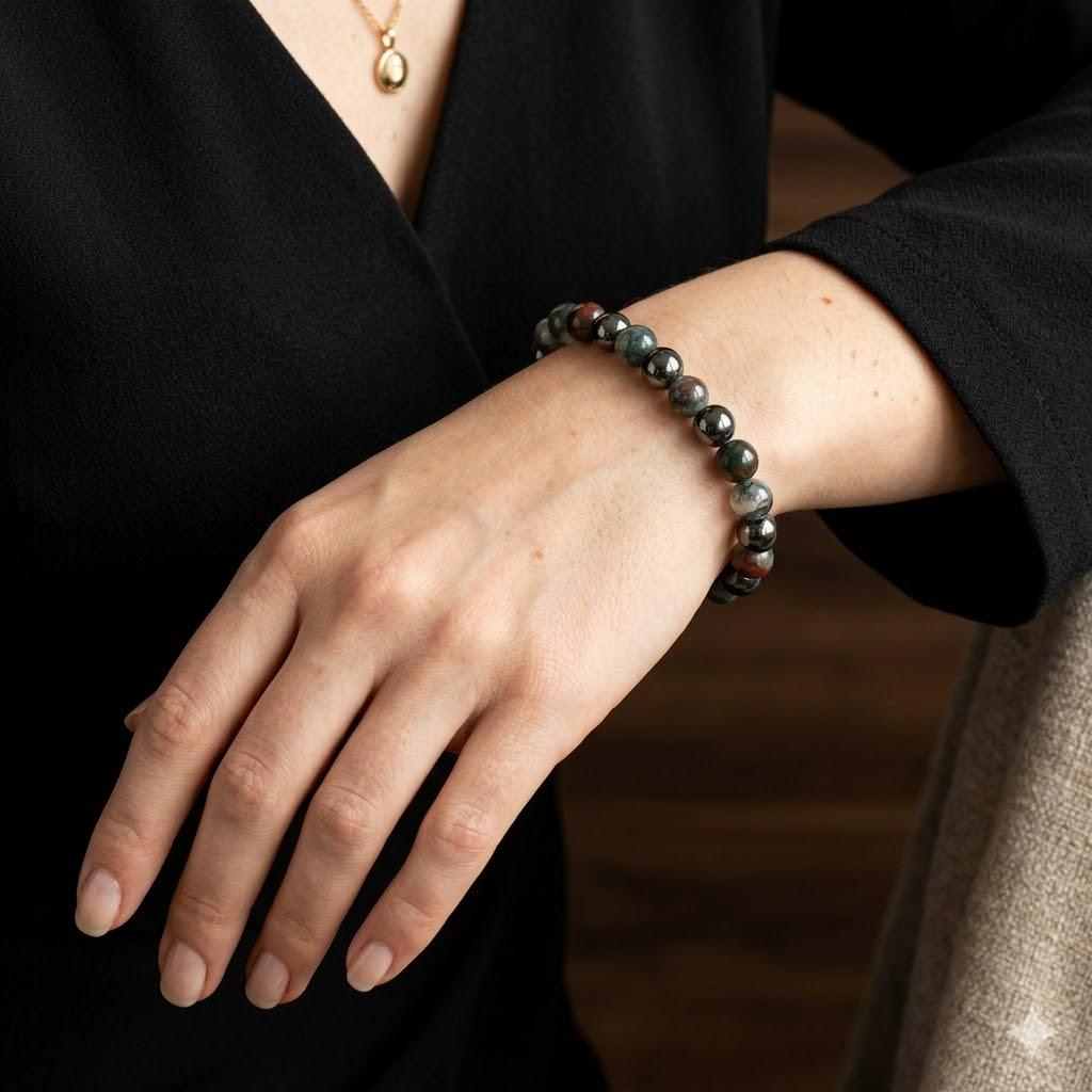 Natural African Bloodstone & Red Pine Bead Bracelet – Anxiety Stress Relief, Unisex Daily Wear