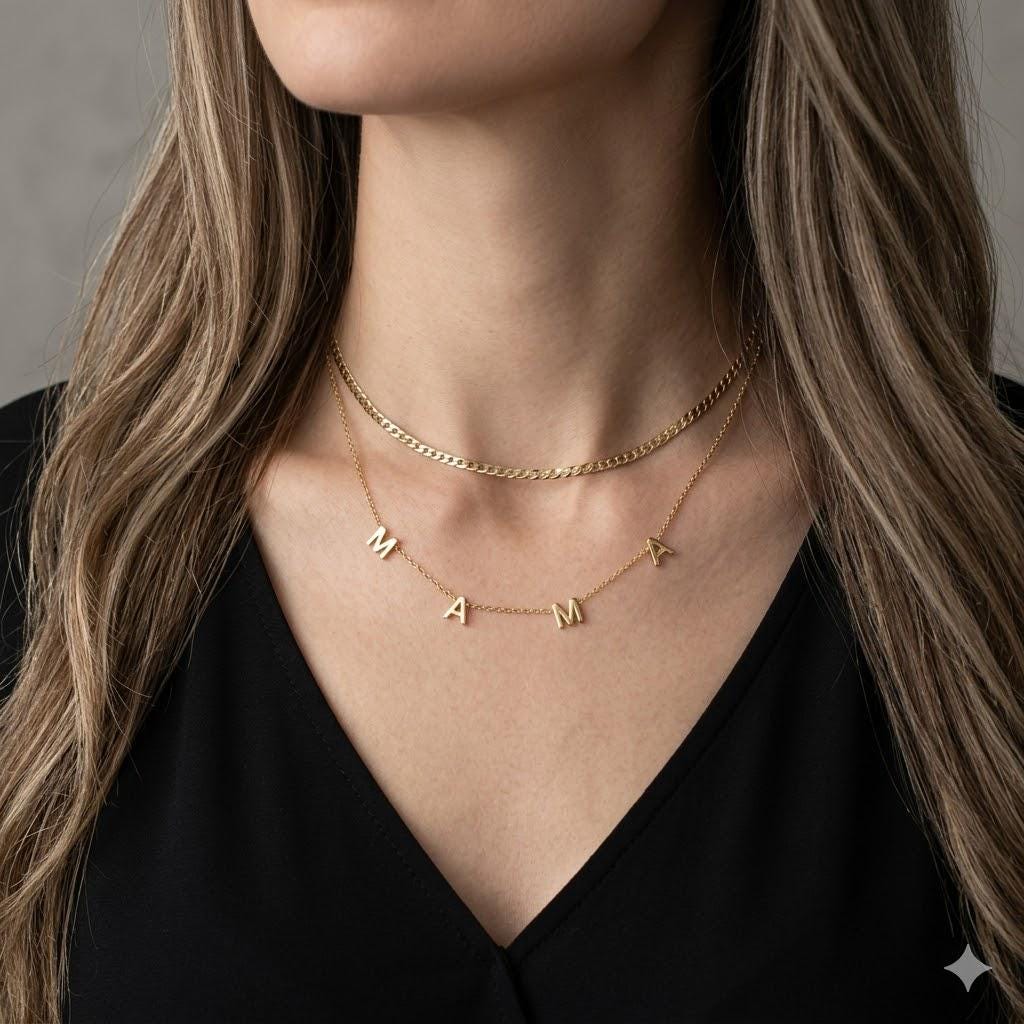 Vintage Mama Necklace – Stainless Steel Script Pendant, Long Chain Jewelry