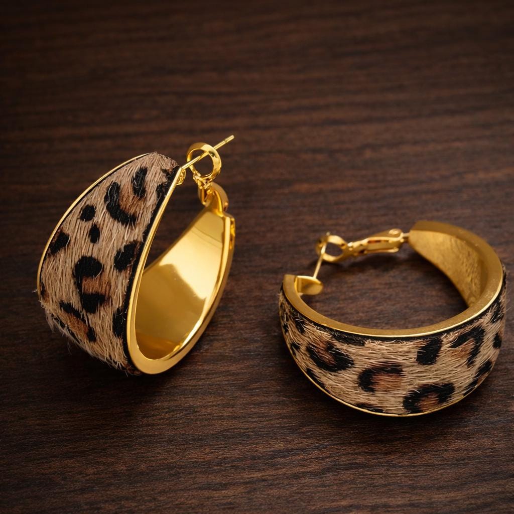 Vintage Leopard Print Flocked Fabric Hoop Earrings, Elegant Statement Party Jewelry