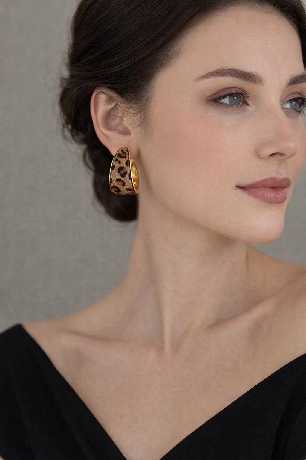 Vintage Leopard Print Flocked Fabric Hoop Earrings, Elegant Statement Party Jewelry