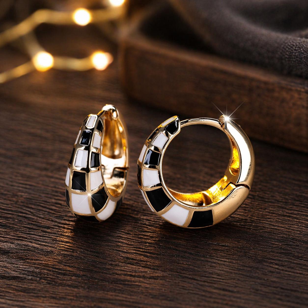 Vintage Black White Checkered Hoop Earrings, Retro Geometric Style, Acrylic Jewelry