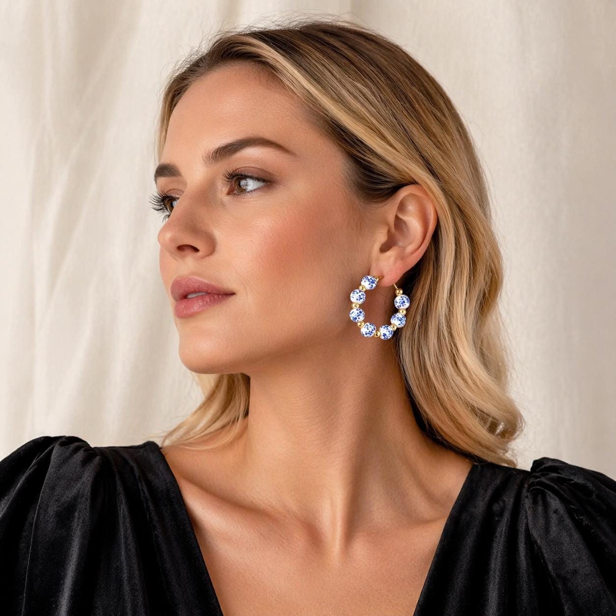 Blue White Porcelain C-Shaped Hoop Earrings, Alloy Daily Jewelry