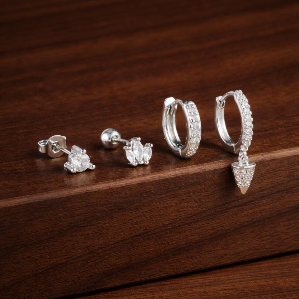 4PC Zircon Spike Cone Hoop Earrings, Stainless Steel Stackable Studs, Punk Hip Hop Jewelry