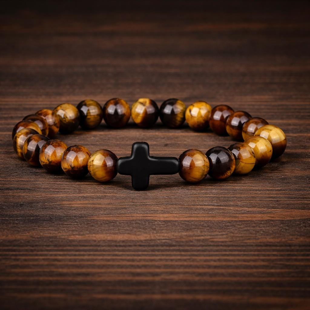 Natural Stone & Wood Beads Bracelet with Hematite Cross – Meditation Yoga Unisex Accessory