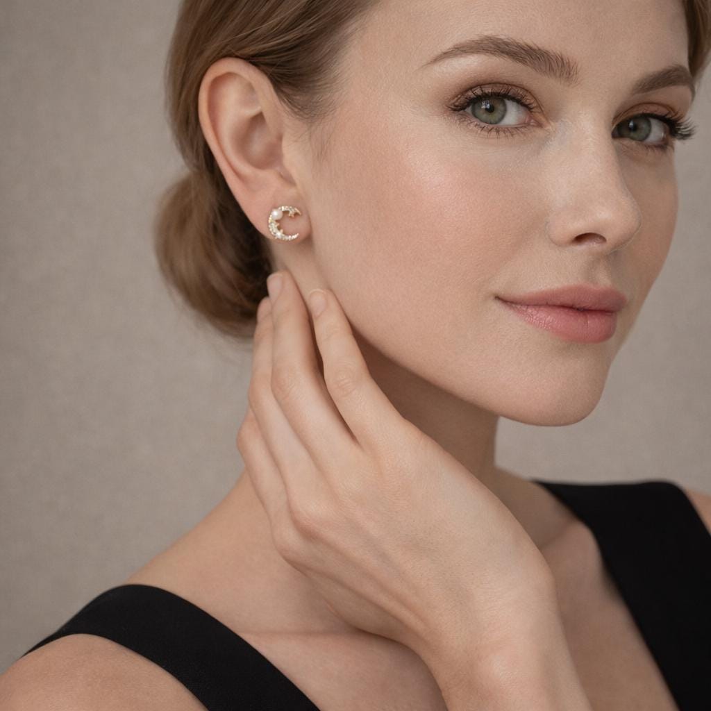 Sterling Silver Moon Stud Earrings, CZ Pearl Celestial Minimalist Jewelry