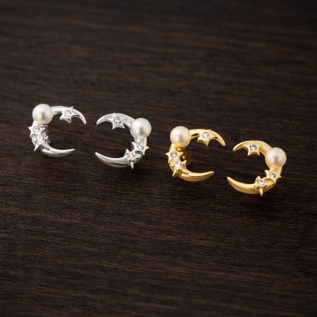 Sterling Silver Moon Stud Earrings, CZ Pearl Celestial Minimalist Jewelry