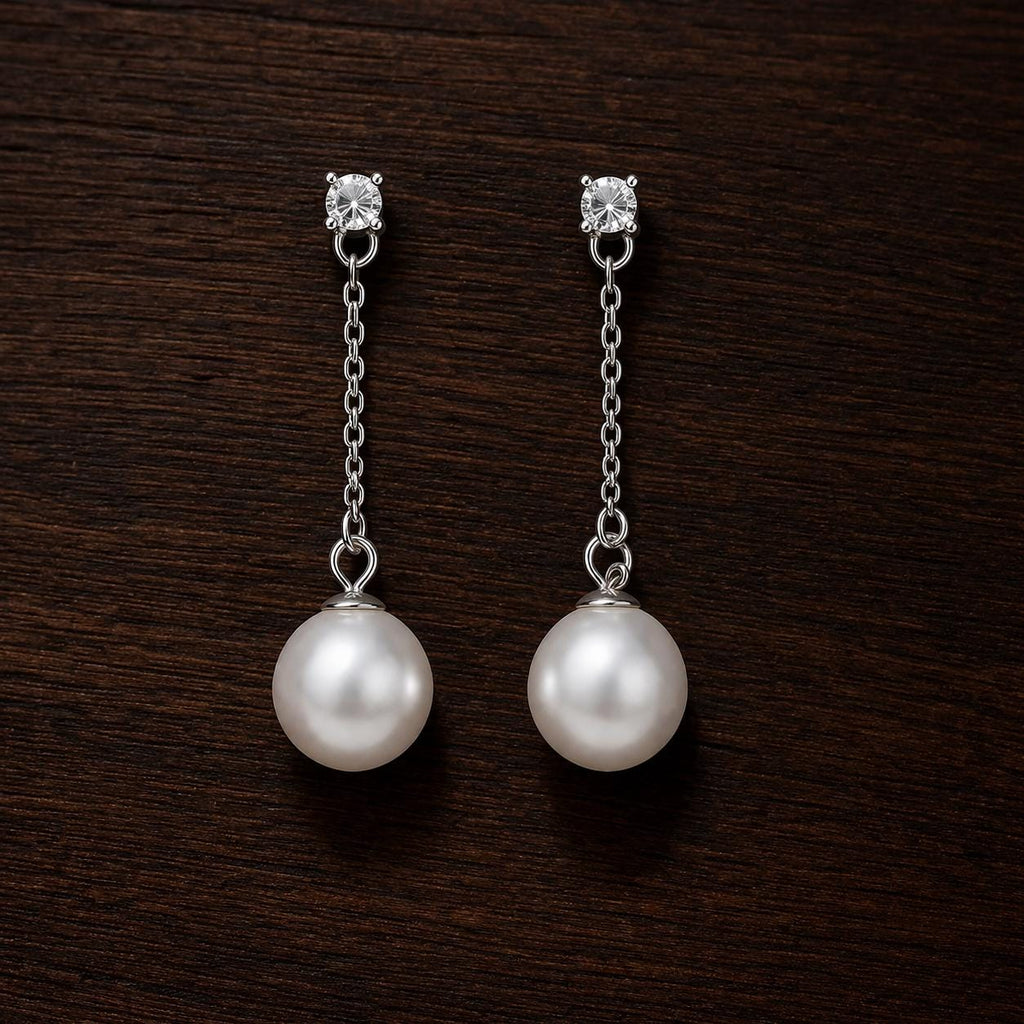 925 Sterling Silver Pearl Drop Earrings, White Gold Plated Dangle Bridal Jewelry