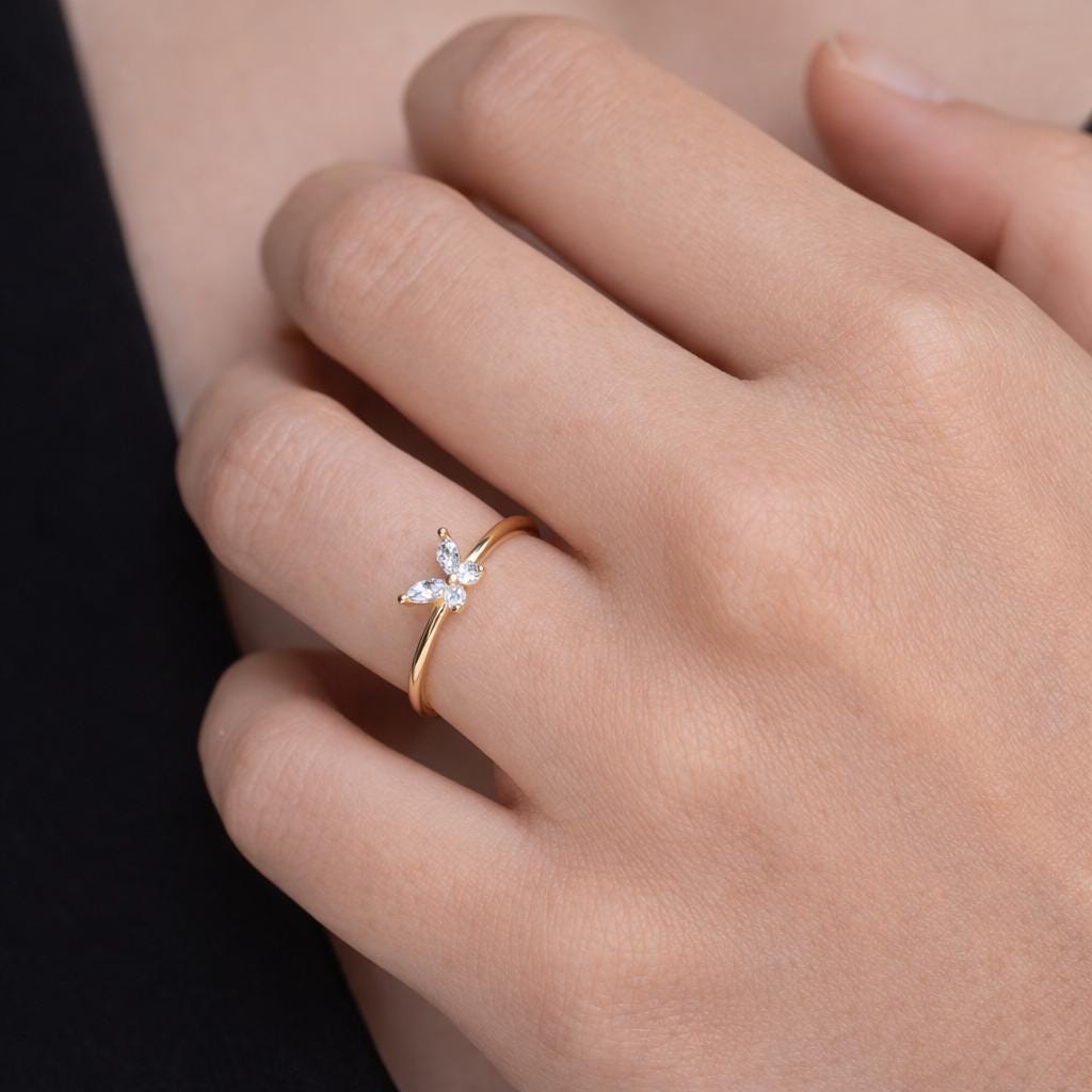 Birthstone Butterfly Ring, Zircon Stone, Stainless Steel, Minimalist Fashion Jewelry