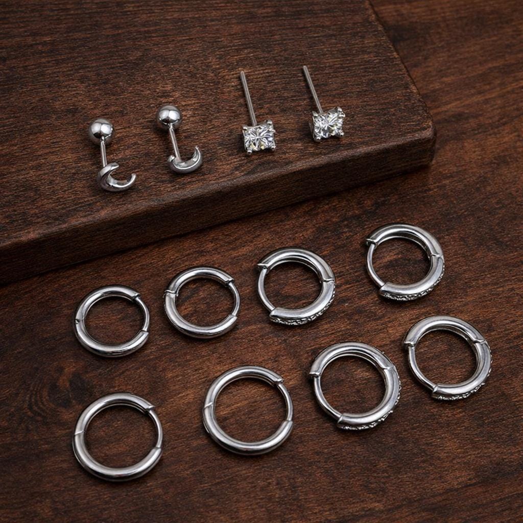 6 Pairs Moon Stud & Huggie Hoop Earrings Set, Stainless Steel CZ Hypoallergenic Cartilage Jewelry