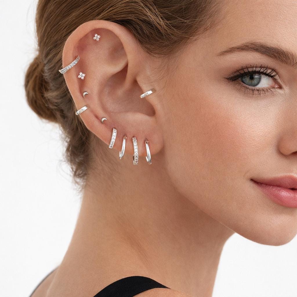 6 Pairs Moon Stud & Huggie Hoop Earrings Set, Stainless Steel CZ Hypoallergenic Cartilage Jewelry