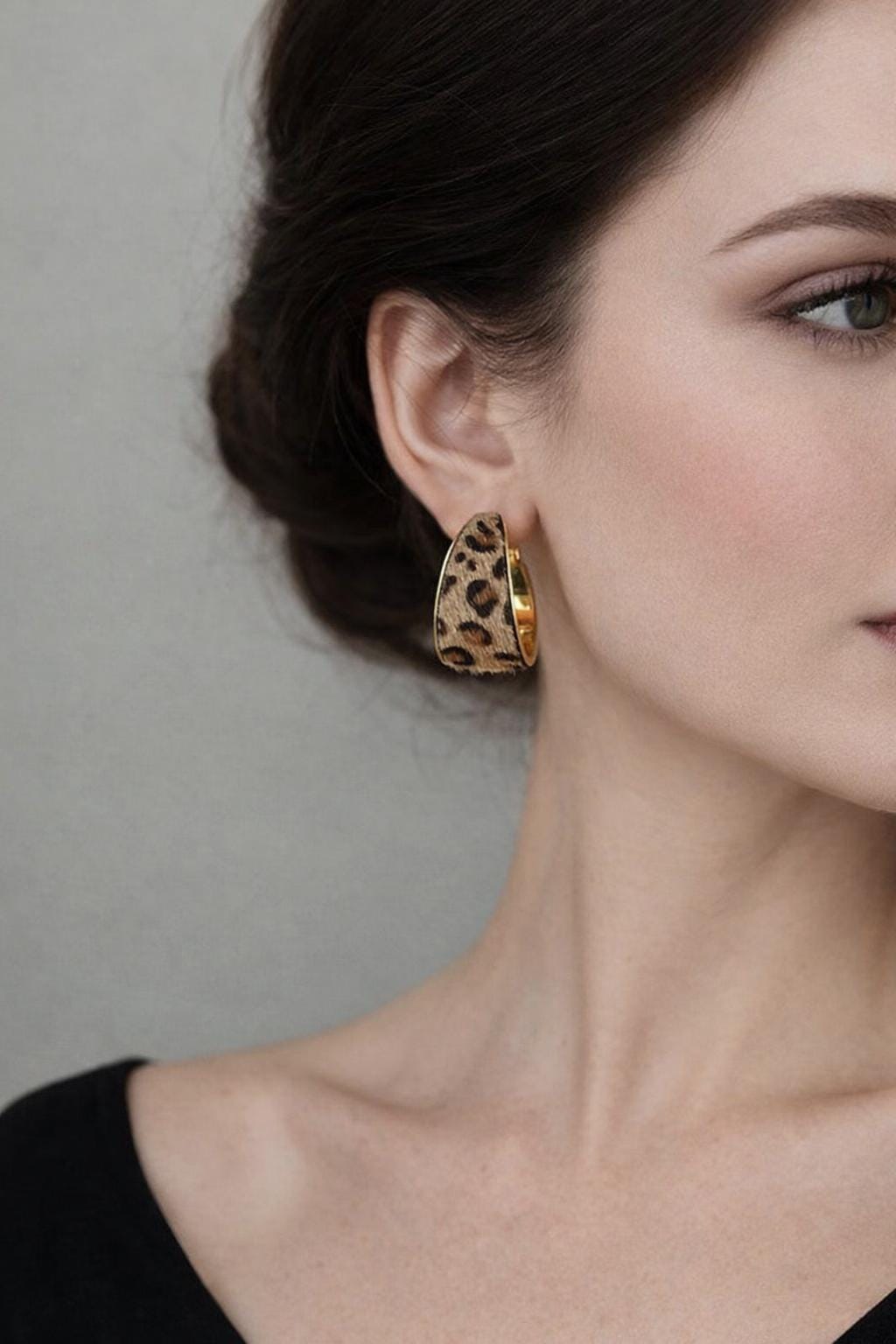 Vintage Leopard Print Flocked Fabric Hoop Earrings, Elegant Statement Party Jewelry