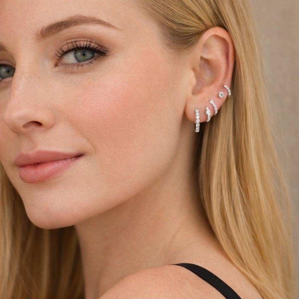 4 Pairs CZ Stud Earrings Set, Silver Tone Flat Back Cartilage Helix Minimalist Jewelry